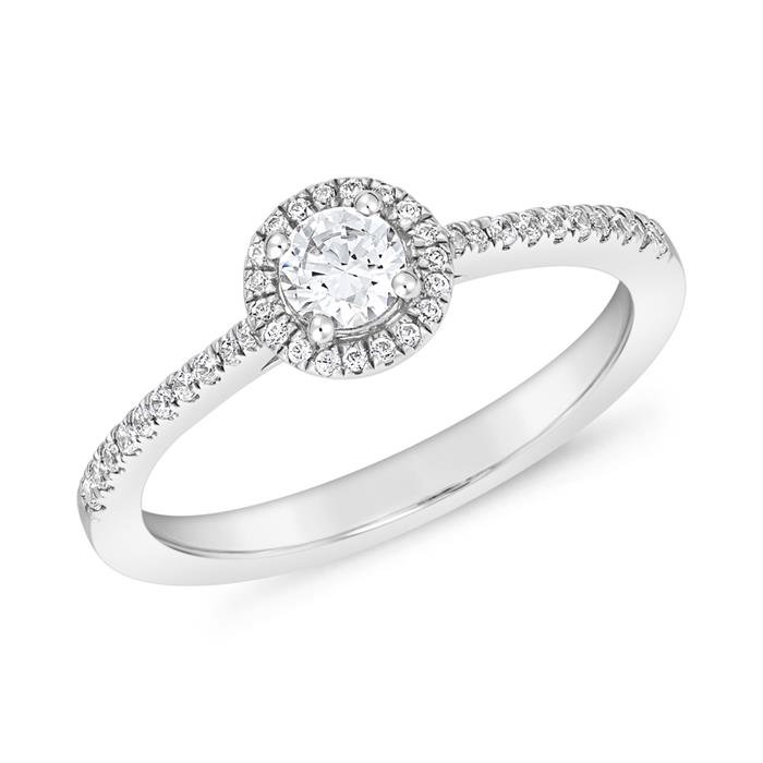 Halo diamond ring in white gold or platinum, engravable