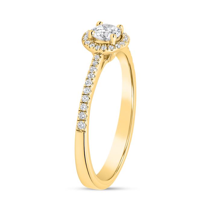 Lab grown Halo diamond ring in yellow gold, engravable