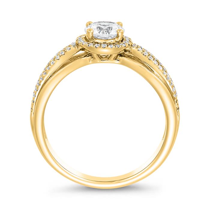 Engravable halo ring, yellow gold, lab grown diamonds