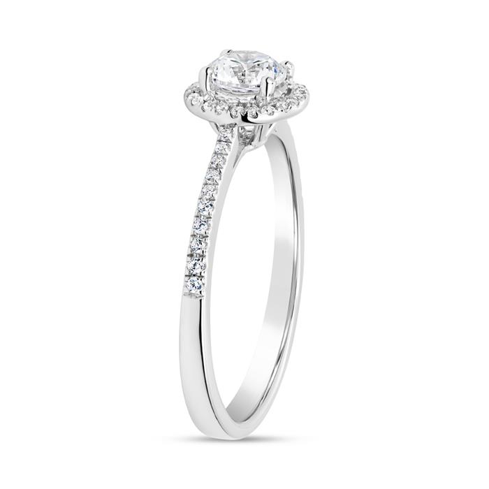 Halo diamond ring in white gold or platinum, engravable