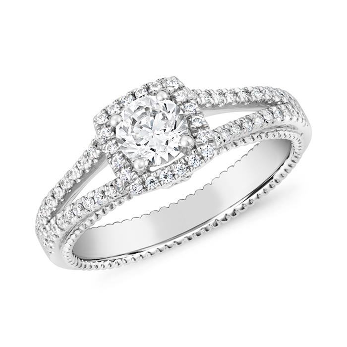 Engravable halo ring with diamonds, white gold, platinum