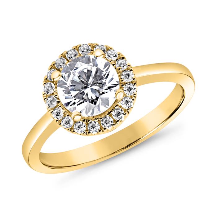 Golden engagement ring Halo with diamonds, engravable