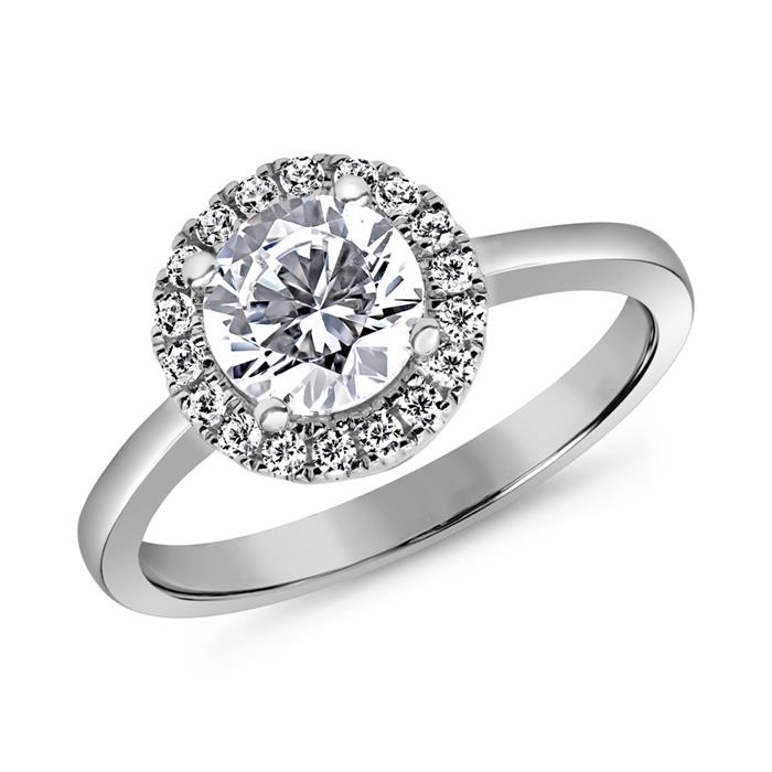 Halo engagement ring with diamonds in white gold, platinum