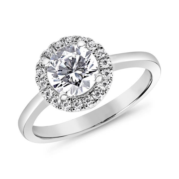 Halo ring with lab grown diamonds in white gold, platinum