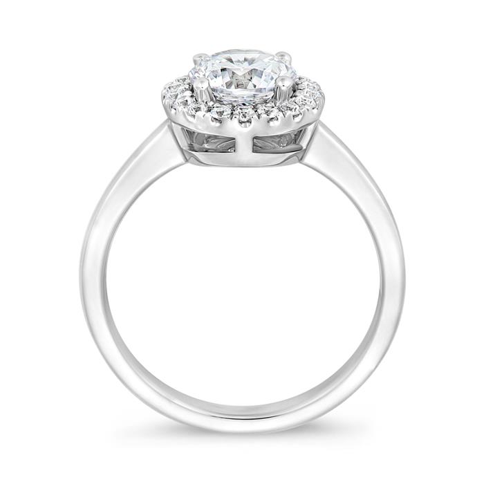 Halo ring with lab grown diamonds in white gold, platinum