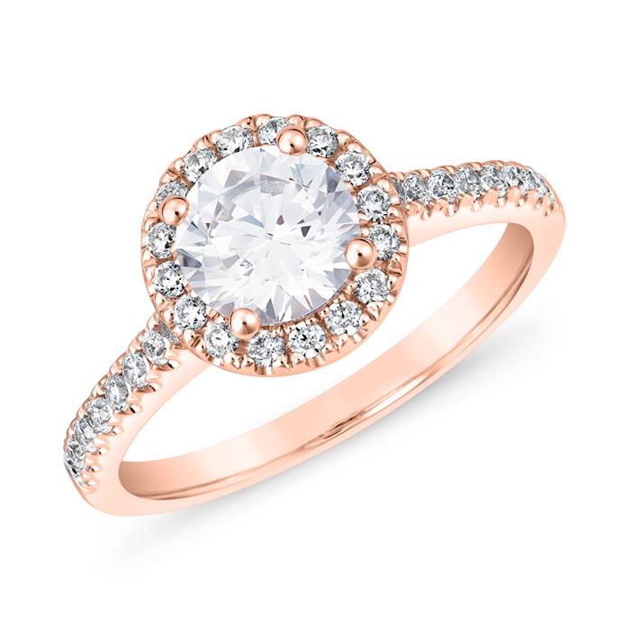 Ladies halo ring with diamonds in rose gold, engravable