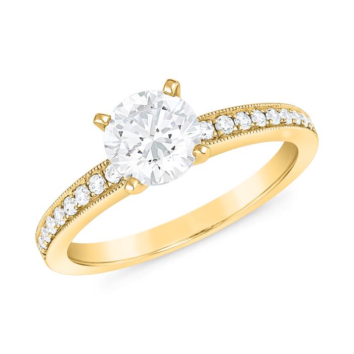 Diamond-set milgrain ring in yellow gold, engravable