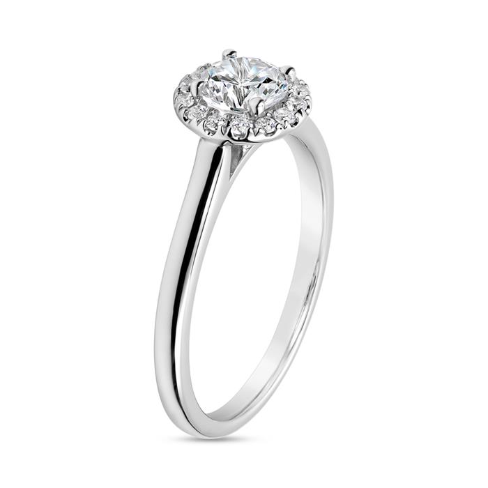 Halo engagement ring with diamonds, white gold or platinum