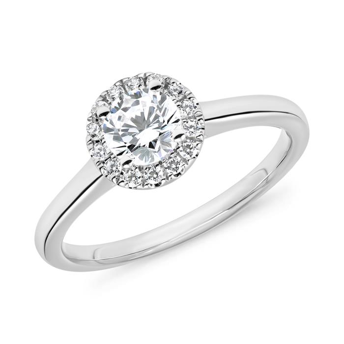 Halo ring with lab grown diamonds, white gold or platinum