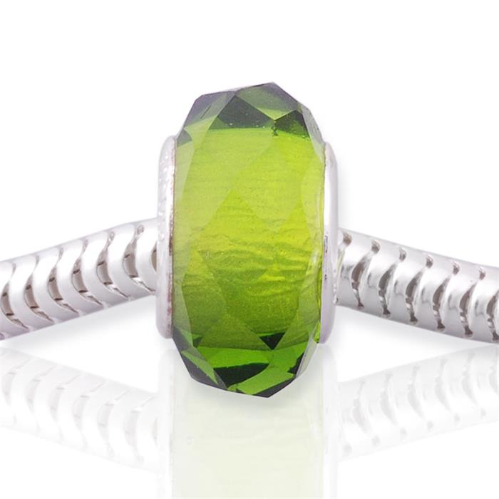 Green Glass Bead With Sterling Silver Frame