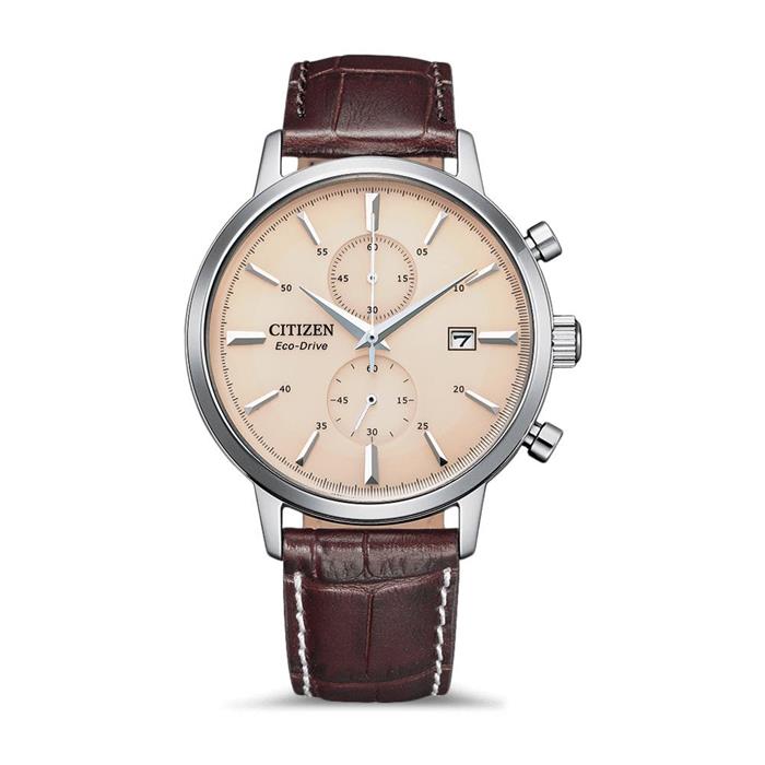 Men's chronograph with eco drive in stainless steel, leather