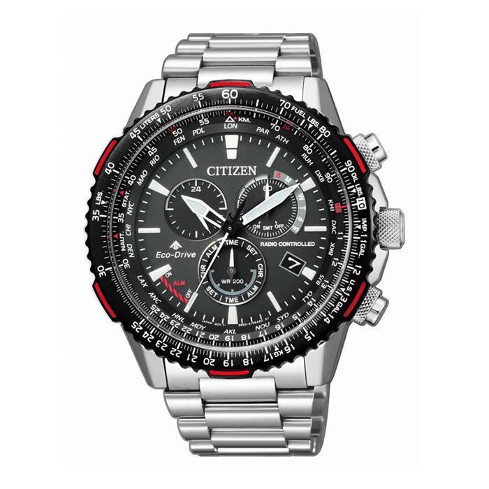 Men's stainless steel radio controlled watch with stopwatch