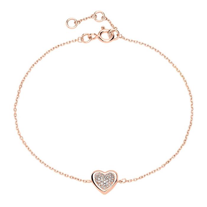 585er Roségold Armband mit diamantbesetztem Herz