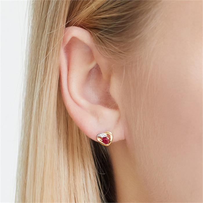 Earrings 14ct yellow gold heart 2 rubies 0,4ct