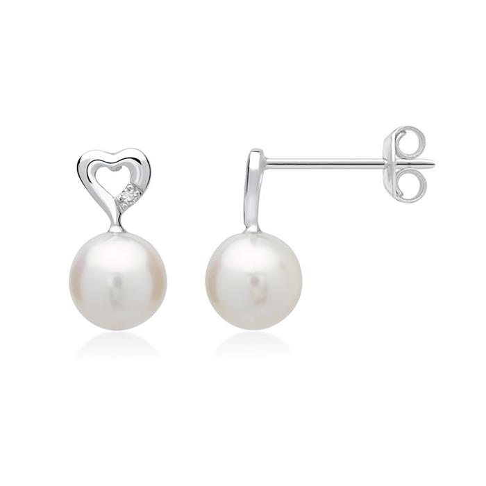 14ct white gold earrings pearl 2 diamonds