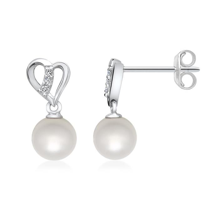 14ct white gold earrings pearl 6 diamonds