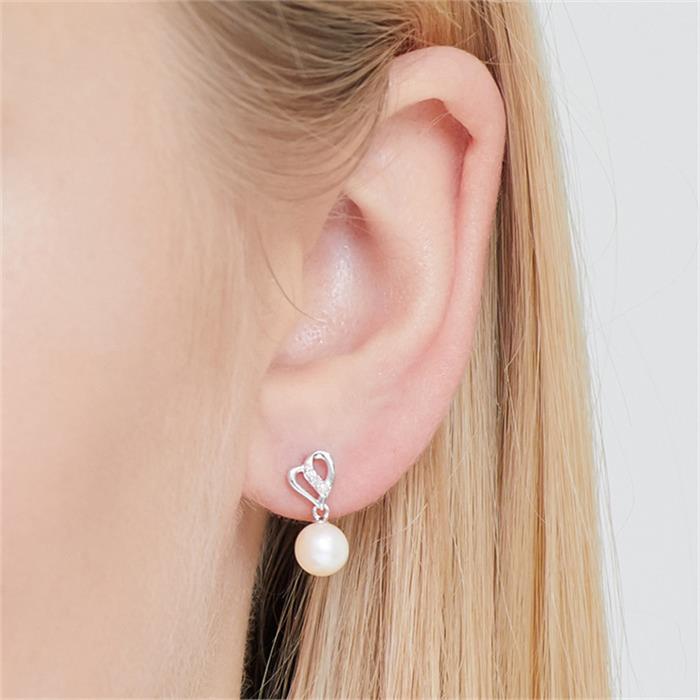 585er Weißgold-Ohrringe Perle 6 Diamanten