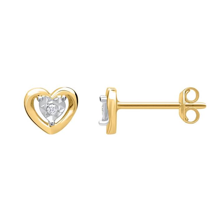 14ct earrings yellow gold heart 2 diamonds