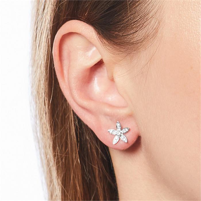 Stud earrings 14ct white gold flowers with diamonds