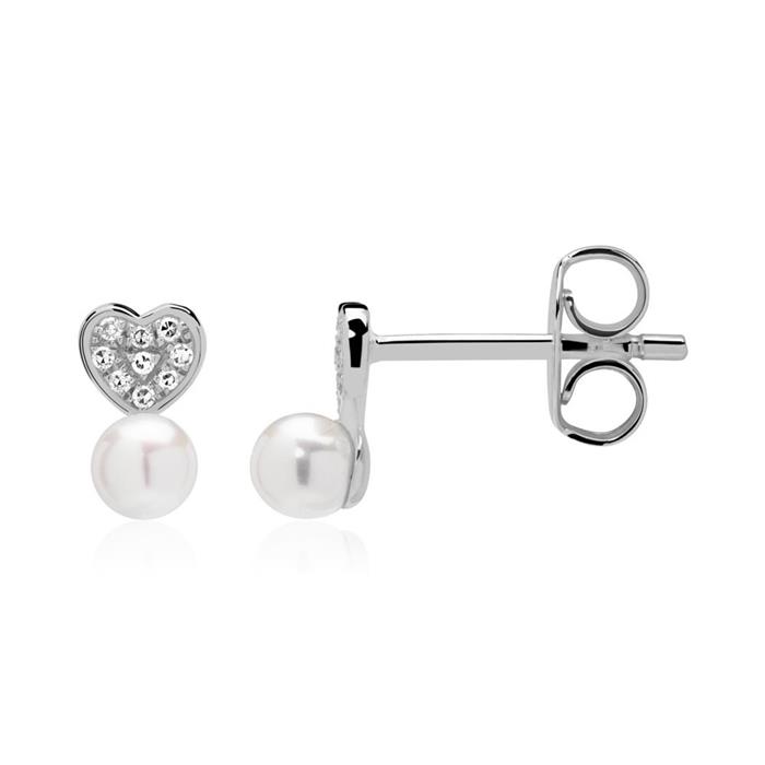 Pearl Earrings Hearts In 14K White Gold With Diamonds
