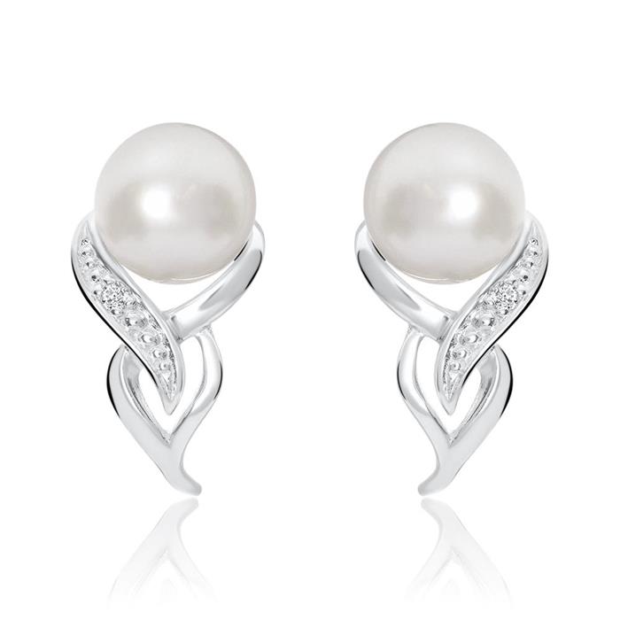 14K White Gold Stud Earrings With Pearls And Diamonds