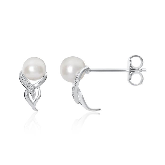 14K White Gold Stud Earrings With Pearls And Diamonds