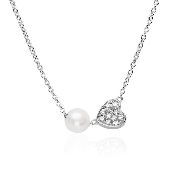 14K White Gold Necklace With Diamond Set Heart And Pearl