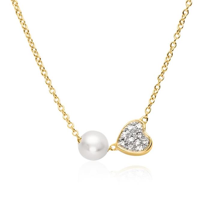 Heart necklace in 14ct gold with pearl and diamonds