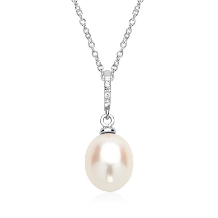 Cadena oro blanco perla 2 diamantes 0,012 ct.