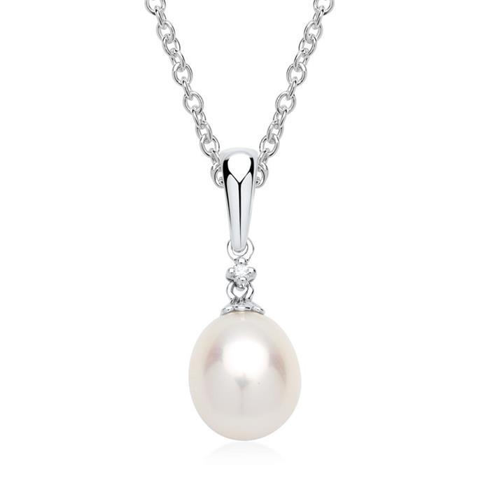 14ct white gold necklace pearl diamond