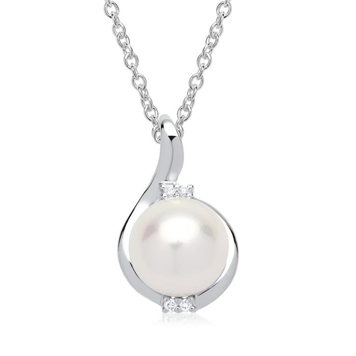 14ct White Gold Necklace Pearl 4 Diamonds