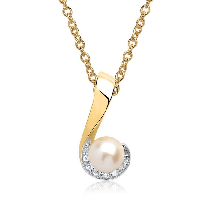 14ct yellow gold necklace pearl 5 diamonds