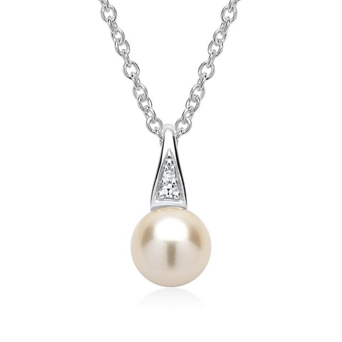 14ct white gold pendant pearl 2 diamonds