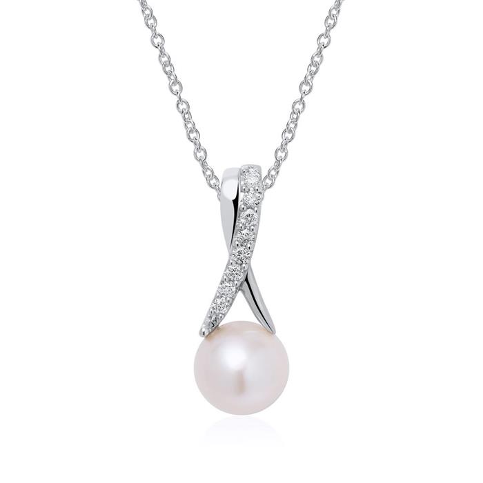 Pearl pendant in 14ct white gold with diamonds