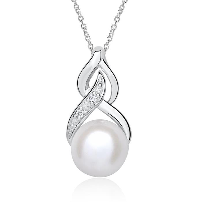 Necklace in 14K white gold with pearl and diamonds
