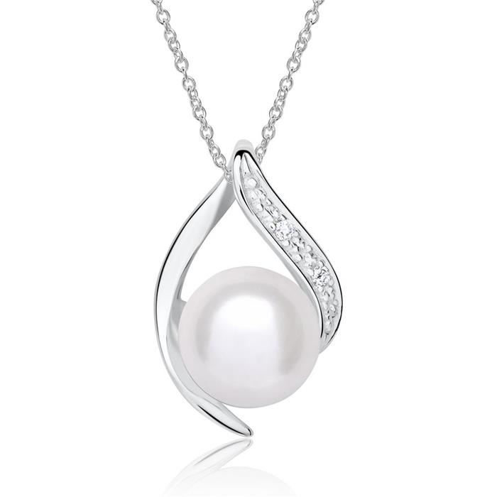 14K white gold necklace with pearl and diamonds