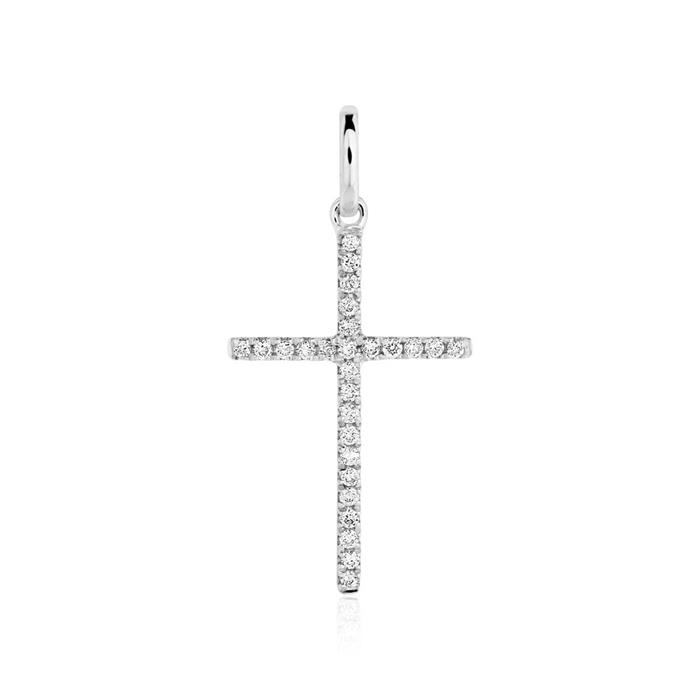 Ladies pendant cross in 14K white gold with diamonds