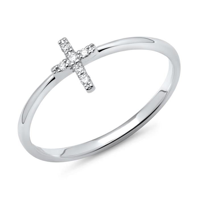 14ct white gold ring cross with 6 diamonds 0,03ct