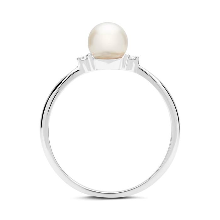 585er Weißgold-Ring Perle 2 Diamanten 0,034 ct.