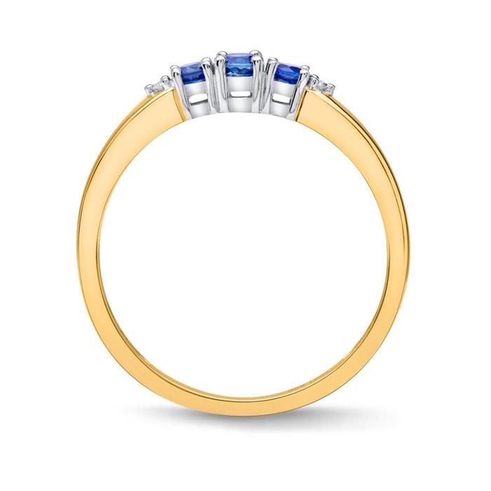 585er Gold-Ring 3 Saphire 0,377 ct. 2 Diamanten