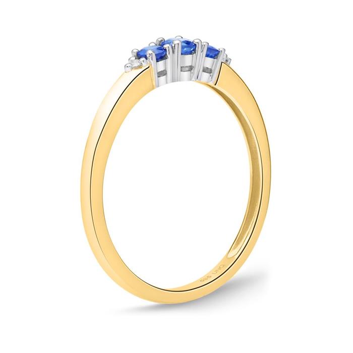 14 quilates anillo de oro 3 zafiros 0,377 ct. 2 diamantes