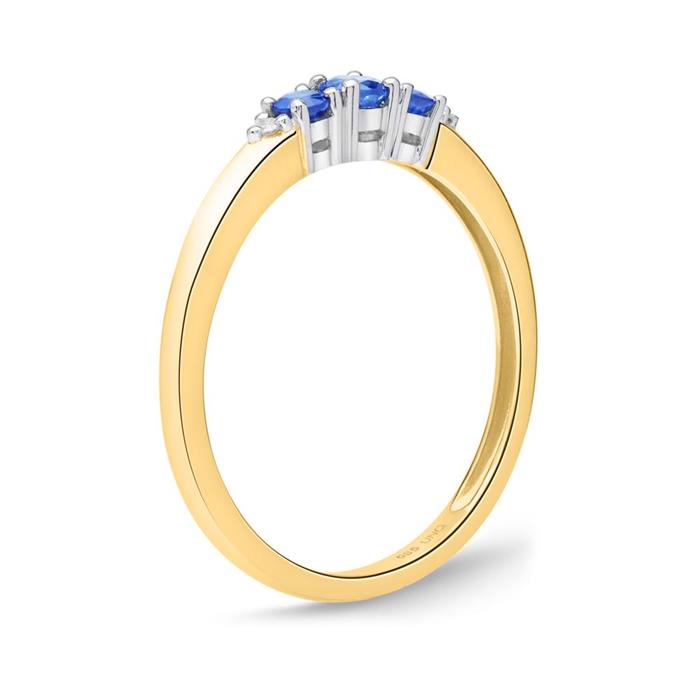 14 karaat gouden ring 3 Saffieren 0.377 ct. 2 Diamanten