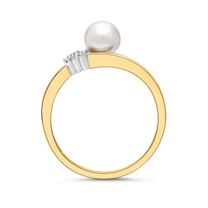 14 quilates anillo de oro amarillo perla 3 diamantes 0,0335 ct.