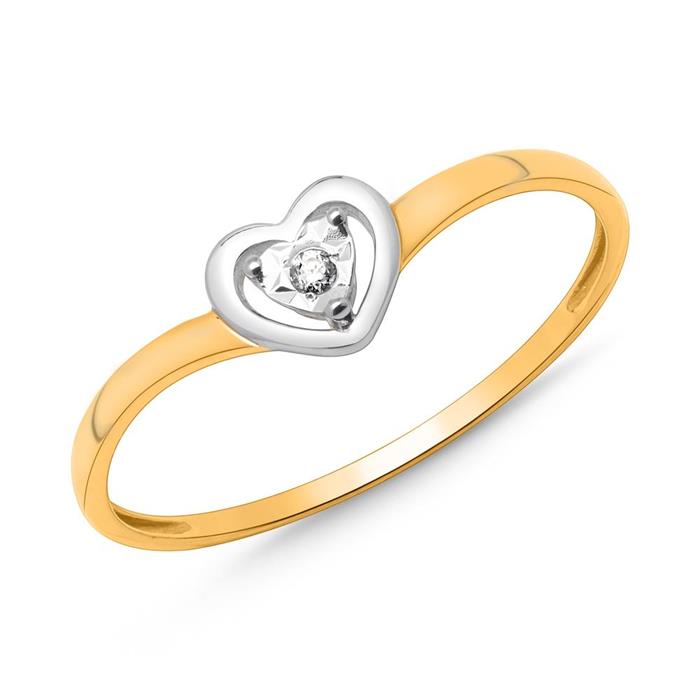 14 karaat geelgouden ring hartvorm Diamant 0.013 ct.