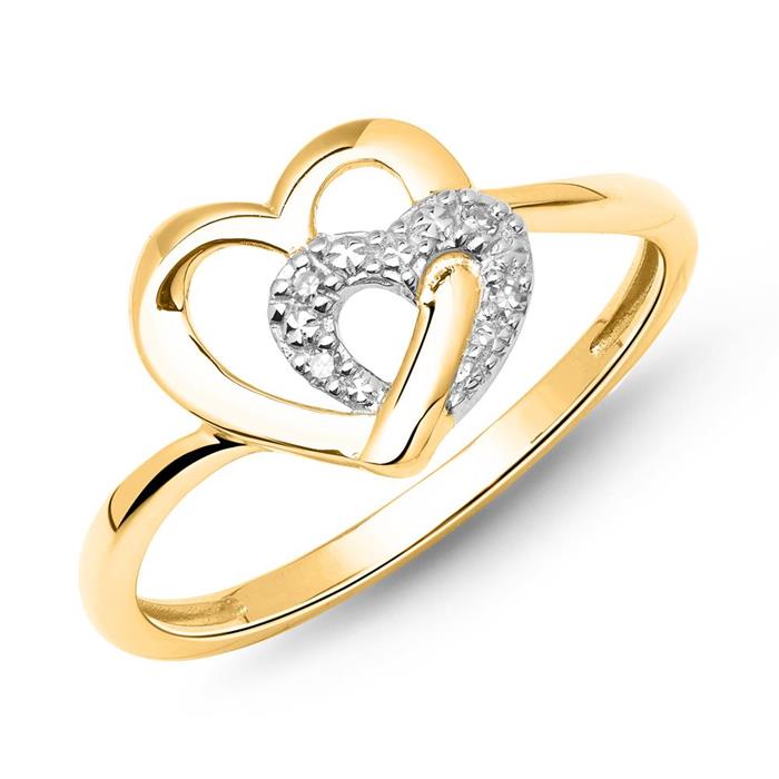14 karaat geelgouden hart ring 4 Diamanten 0.0208 ct.