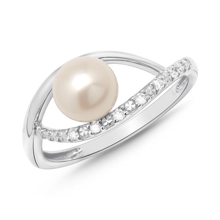 14 quilates anillo de oro blanco perla diamantes 0,054 ct.