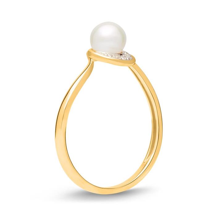 585er Gelbgold-Ring Perle 3 Diamanten 0,014 ct.