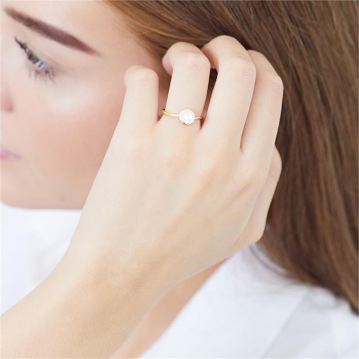 585er Gelbgold-Ring Perle 3 Diamanten 0,014 ct.