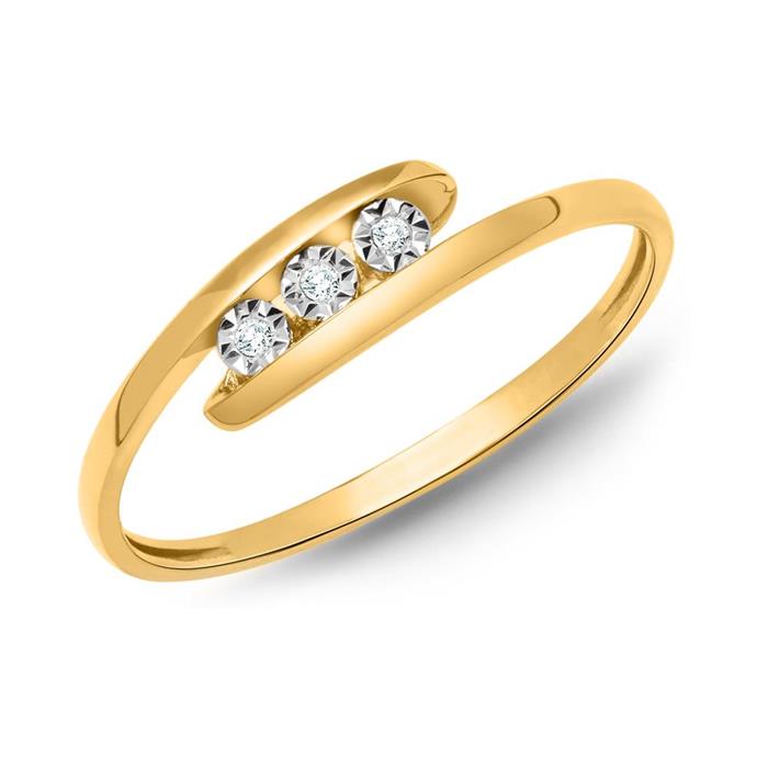 Sortija 14 quilates oro amarillo 3 diamantes 0,018 ct.