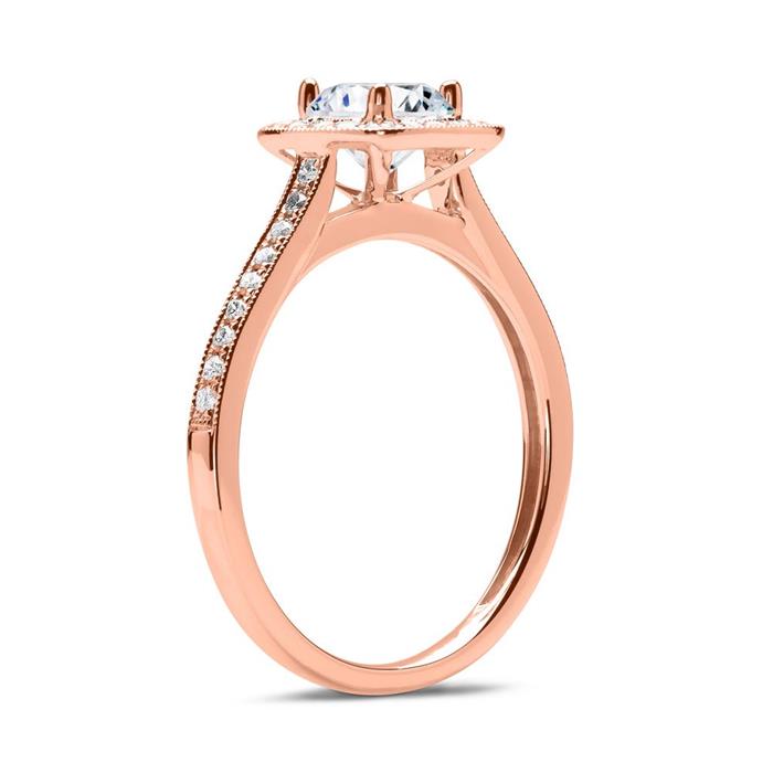 Anillo halo 14 quilates oro rosa con diamantes